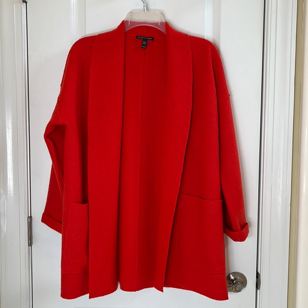 Eileen Fisher Open Front Orange Wool Shawl Collar Coat w/ pockets  Sz XXS